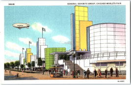 1933 Postcard Chicago World&#39;s Fair Expo General Exhibits Group w/ Goodyear Blimp - £5.53 GBP