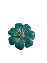 Vintage Flower Brooch Pin Green Teal Enamel Crystal Center 1.75&quot; Across - $18.81