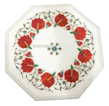 12&quot; White Marble Coffee Table Top Carnelian Marquetry Inlay Work Special Gift - £255.52 GBP
