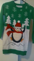Derek Heart Girl Green skating penguin w/Falling snow Christmas sweater S 344 - £20.09 GBP