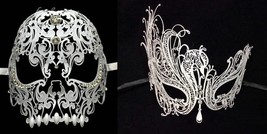 His and Her Masquerade Masks - Skull Men and Laser Cut Women Masks Set White - $30.35