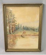 Vintage Watercolor Framed Folk Art Cabin Woods Canoe 17.5x13.5&quot; - $46.71