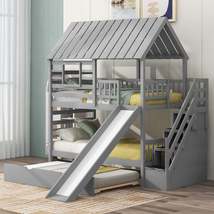 Twin over Twin House Bunk Bed with Trundle and Slide, Storage Staircase, Roof an - £688.13 GBP+
