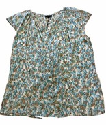 Talbots Silk Button blouse 14 Blue Tan Print Cap Sleeve Ruched Back New NWT - £15.57 GBP