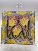 Tile Trivet Mexico Mexican Pottery Yellow Floral Abstract Blue 6&quot;  Studio Art - £15.32 GBP