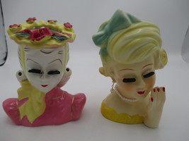 Set of 2 Lady Head Vases Reproduction Pearls and Rose Bonnet Yellow and Pink - £23.70 GBP