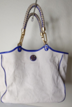 Tory Burch Cotton Canvas Purse Lg Cream w/ Royal Blue Vinyl Accent Woven... - $28.04