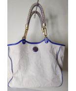 Tory Burch Cotton Canvas Purse Lg Cream w/ Royal Blue Vinyl Accent Woven... - $28.04