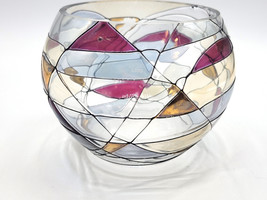 Rose Bowl Vase Art Glass Handpainted Purple Gold 4&quot; Tall AS IS - £22.29 GBP