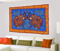 Handmade Cotton Embroidery Blue Elephant Wall Hanging Home Decor Tapestry Tribal - £26.80 GBP