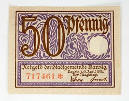 1919 Free City of Danzig 50 Pfennig Notgeld (Extra Fine XF) Gdansk Poland - $99.00