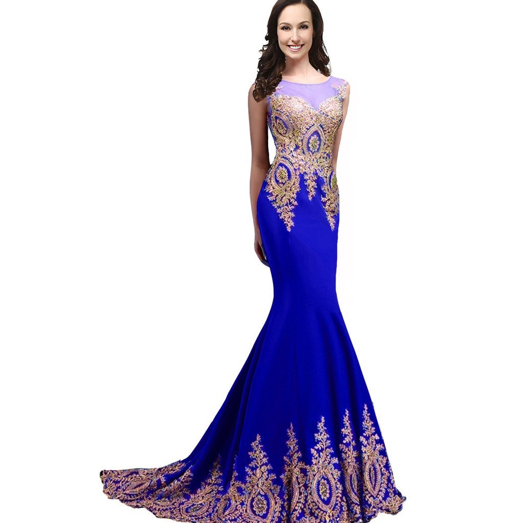 Sheer Bateau Long Mermaid Gold Lace Beaded Crystals Formal Prom Evening Dresses