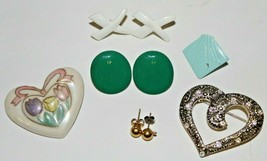 Vintage Metal Earring Lot Retro Costume Set With 2 Heart Brooches Pierced Ear - £8.65 GBP