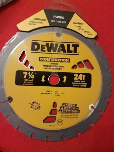 DEWALT DW3578LX 7-1/4" x 24 Tooth Carbide-Tipped Framing Circular Saw Blade NEW - £13.29 GBP