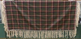 Native American Womens Shawl Army Green Red Plaid Wool Yarn Fringe 54&quot; x... - £55.81 GBP