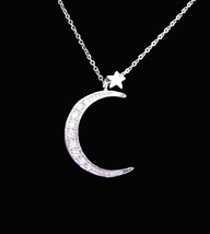 Sterling Moon Necklace - silver celestial crescent white topaz - vintage mystica - £75.93 GBP