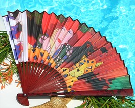 Folding Hand Fan Paper Art Deco Woman Red Hat Society Cheetah Signed - £21.92 GBP