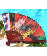 Folding Hand Fan Paper Art Deco Woman Red Hat Society Cheetah Signed - £22.41 GBP