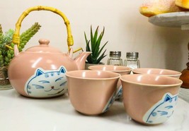 Ebros Auspicious Maneki Neko Lucky Fortune Cat Pink Ceramic Tea Set W/4 Cups - £24.20 GBP