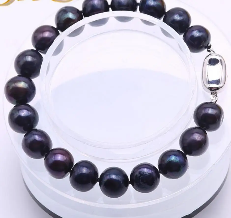 Free Shipping   Real 10-11mm Black Round Freshwater Pearl Bracelet Charms Women - £22.47 GBP