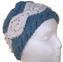 Child&#39;s Blue and White Hand Knit Hat with Sequins - £17.53 GBP