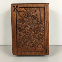 Vintage Wooden Playing Card Storage Box Carved 2 Decks Holder King Queen Hearts - $29.69