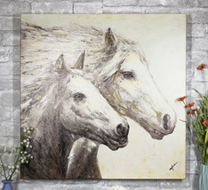 Rustic Country Western 2 Running Horses Canvas Picture Wooden Frame 24&quot;X24&quot; - £50.35 GBP