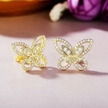 1.40Ct Round Real Moissanite  Butterfly Stud Earrings 14K Yellow Gold Plated - £87.83 GBP