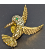 Vintage Hummingbird Brooch Gold Tone Pin ~ Rhinestone Head - Green Cryst... - $12.86