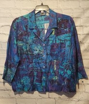 Chicos Womens Large 2 Silk Linen Button Front Top Blouse Blue Abstract Print NWT - $44.54