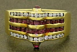 Heavy 18K Yellow Gold Over 2.65CT Diamond &amp; Princess Ruby Cluster Cocktail Ring - £89.06 GBP