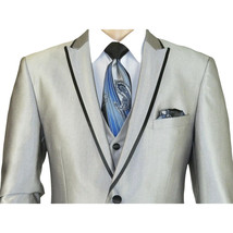 Men Tuxedo Formal Suit ROYAL DIAMOND Slim Fit 3Pc Vested shiny Satin SL82 Silver image 6
