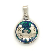 Vintage Signed Sterling Mexico Inlay Turquoise Hemp Leaf and Aztec Eagle Pendant - $94.05