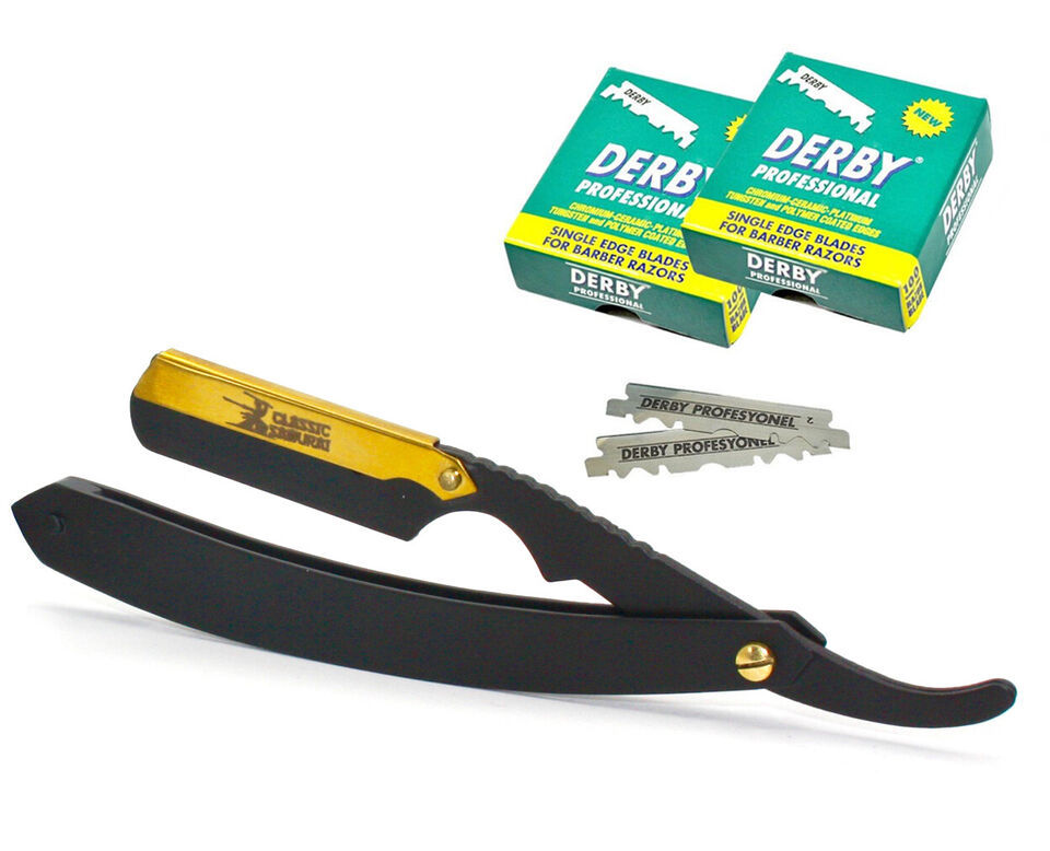 CS Golden Head Finish Professional Barber Straight Edge Razor + 200 Derb... - $19.55