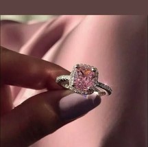 2.50Ct Kissen Labor Erstellt Pink Diamant Halo Verlobungsring 18K Weiß Vergoldet - £94.45 GBP