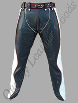 Mens Leather Leder J EAN S Pant Trouser Biker Red Black &amp; White Contrast Chaps - £126.64 GBP