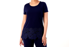 Susan Graver Occasions Liquid Lace-Hem Tunic with Cap Sleeves- Navy, Petite XS - £22.19 GBP