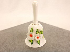 Porcelain Hand Bell, 3D Daisies &amp; Leaves, Gold Accents, Vintage, Made in Taiwan - £15.62 GBP