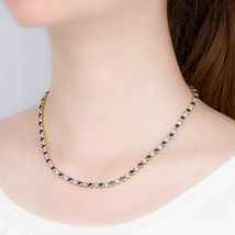 12Ct Blue Sapphire &amp; Diamond  Bezel Set Tennis Necklace 14k Yellow Gold Finish - £195.68 GBP