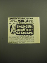 1960 Ringling Bros and Barnum &amp; Bailey Circus Ad - Madison Square Garden  - $14.99