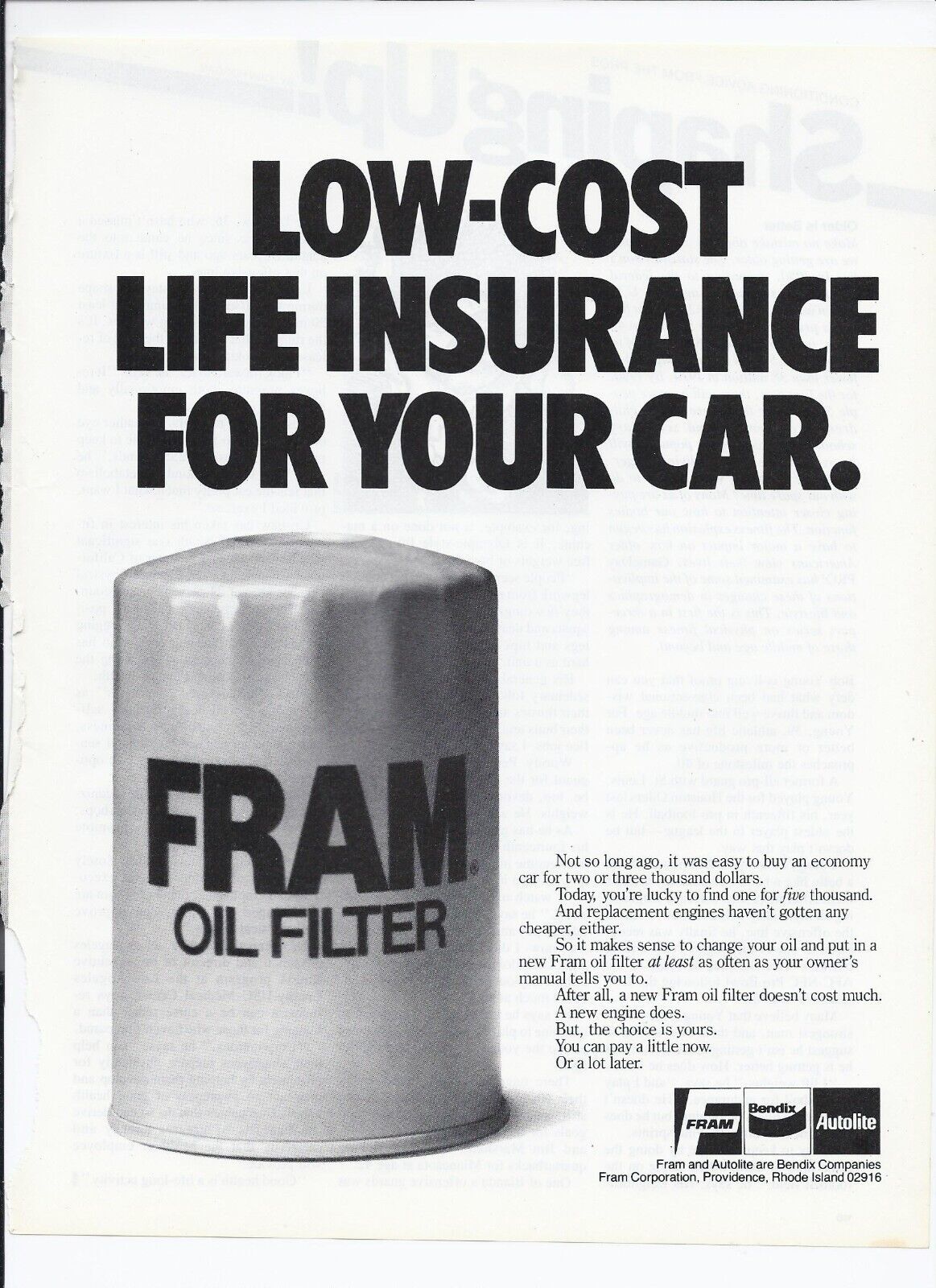 80&#39;s Fram Oil Filter Print Ad Automobile Car 8.5&quot; x 11&quot; - $19.95