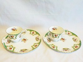 2 Vintage Grosvenor RUTLAND GREEN Snack Plate w/ Cup Indent &amp; Cups Scalloped - £15.97 GBP