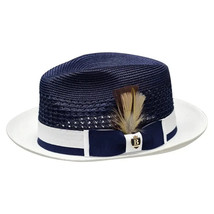 Men&#39;s Belvedere 2-Tone Straw Style Fedora Hat Snap Brim BD957 Navy White - £46.33 GBP