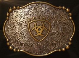 Ariat Western Belt Buckle Rectangle Floral Logo Silver &amp; Gold Tone A37019 - £20.77 GBP