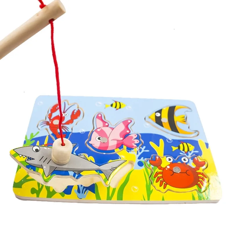 Funny Baby Fishing Games Board Montessori Magnetic Wooden Jigsaw Puzzles Toys - £10.62 GBP