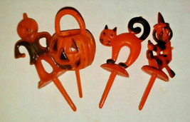 Vintage Halloween Party Pumpkin Scarecrow Witch Cat Cupcake Pick New 4 H... - £15.97 GBP