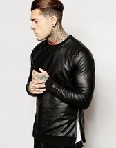 Black Leather Sweatshirt Jacket Men Pure Lambskin Handmade Stylish Casua... - £86.88 GBP+