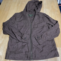 Eddier Bauer Womens M Denim Jacket Hoodie Y2K Blue Dark Wash 100% Linen ... - $23.24