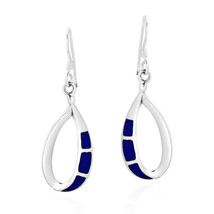Cute Open Teardrop Sterling Silver &amp; Simulated Blue Lapis Inlay Dangle Earrings - $16.92