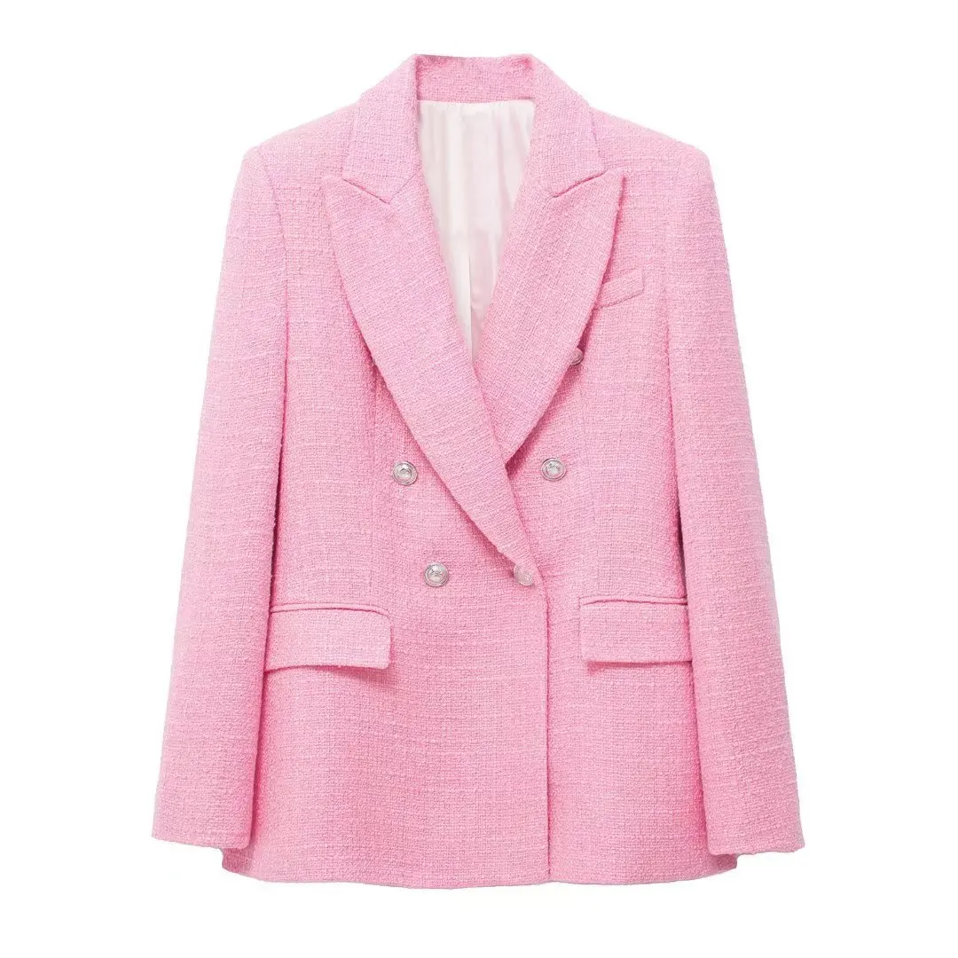 Ladies Tweed Blazer Pink Check Textured Casual Top Spring Autumn Office Elegant  - £181.80 GBP
